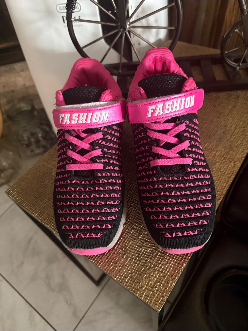 Fashion Nova Kids Black & Hot Pink Velcro Knit Sneakers